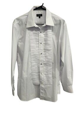 Milani 16 1/2 White Tuxedo Shirt Pleated Front Black Buttons Old Money Retro